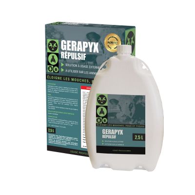 <div class="uk-panel tm-source-woo-description"><p>Le produit <strong>GERAPYX Répulsif</strong> est un <strong>répulsif</strong> à <strong>mouches</strong>, <strong>poux</strong> et <strong>tiques</strong>. Le produit s’applique directement sur <strong>l’animal</strong>. Appliquez la dose de <strong>répulsif</strong> à l’aide du <strong>pistolet</strong>, sur la ligne du <strong>dos</strong>, c’est à dire du <strong>chignon</strong> jusqu’à la base de la <strong>queue</strong>.</p>
</div>